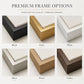 Blush Geometry Wall Art — Canvoil frame finish guide showing black, gold, white, silver and two wood-tone examples