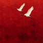 Crimson Flight full artwork. Two white cranes glide across a rich crimson field, their outstretched wings creating a light diagonal rhythm.