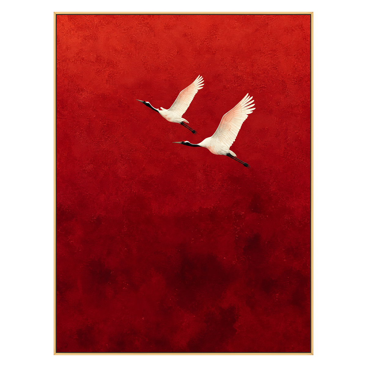 Crimson Flight Wall Art with two white cranes on a crimson background, shown in a slim gold frame on a transparent background.