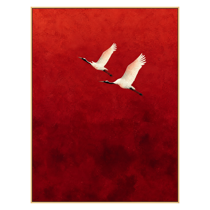 Crimson Flight Wall Art with two white cranes on a crimson background, shown in a slim gold frame on a transparent background.