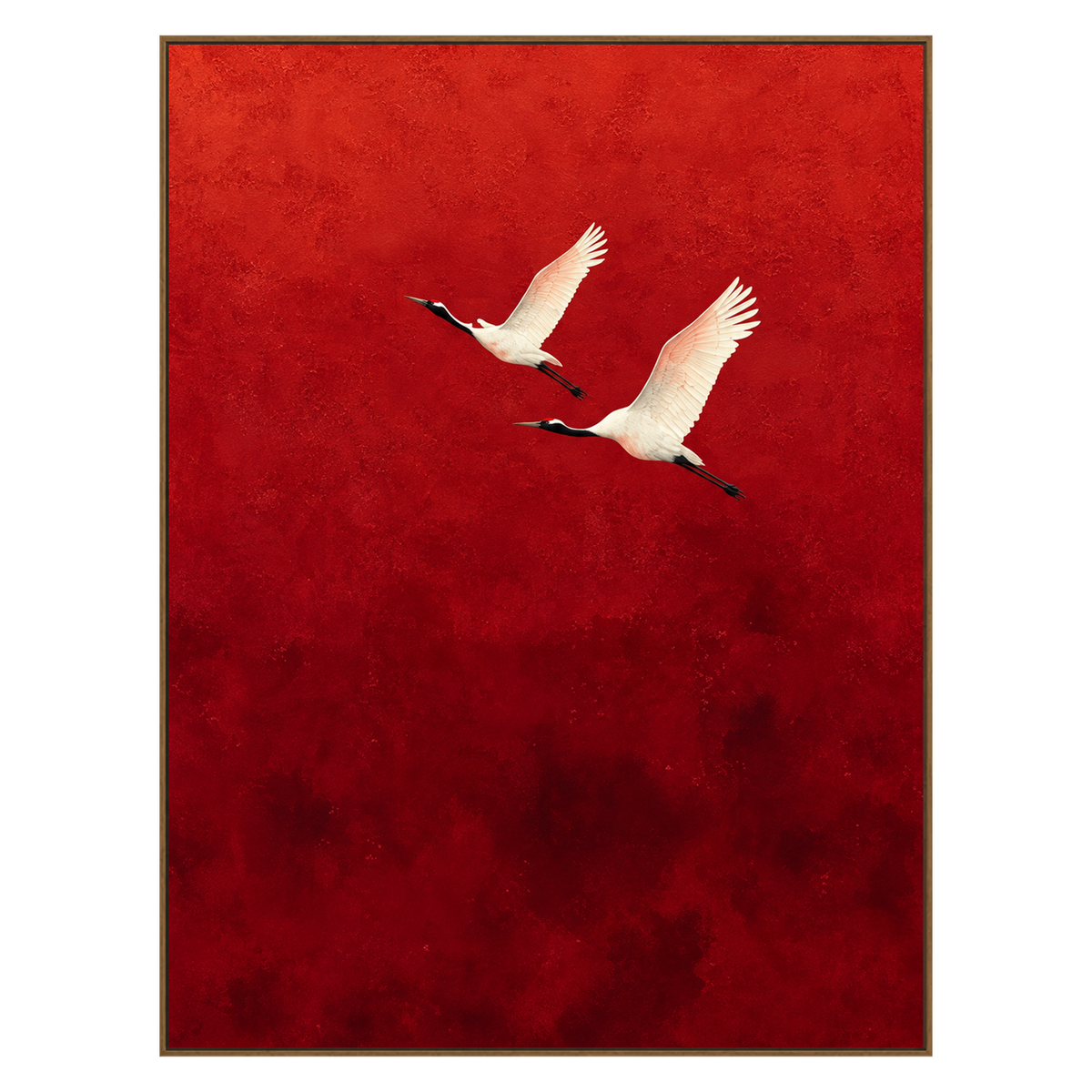 Crimson Flight artwork in a natural wood frame on a transparent background.