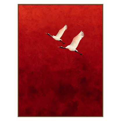 Crimson Flight artwork in a natural wood frame on a transparent background.