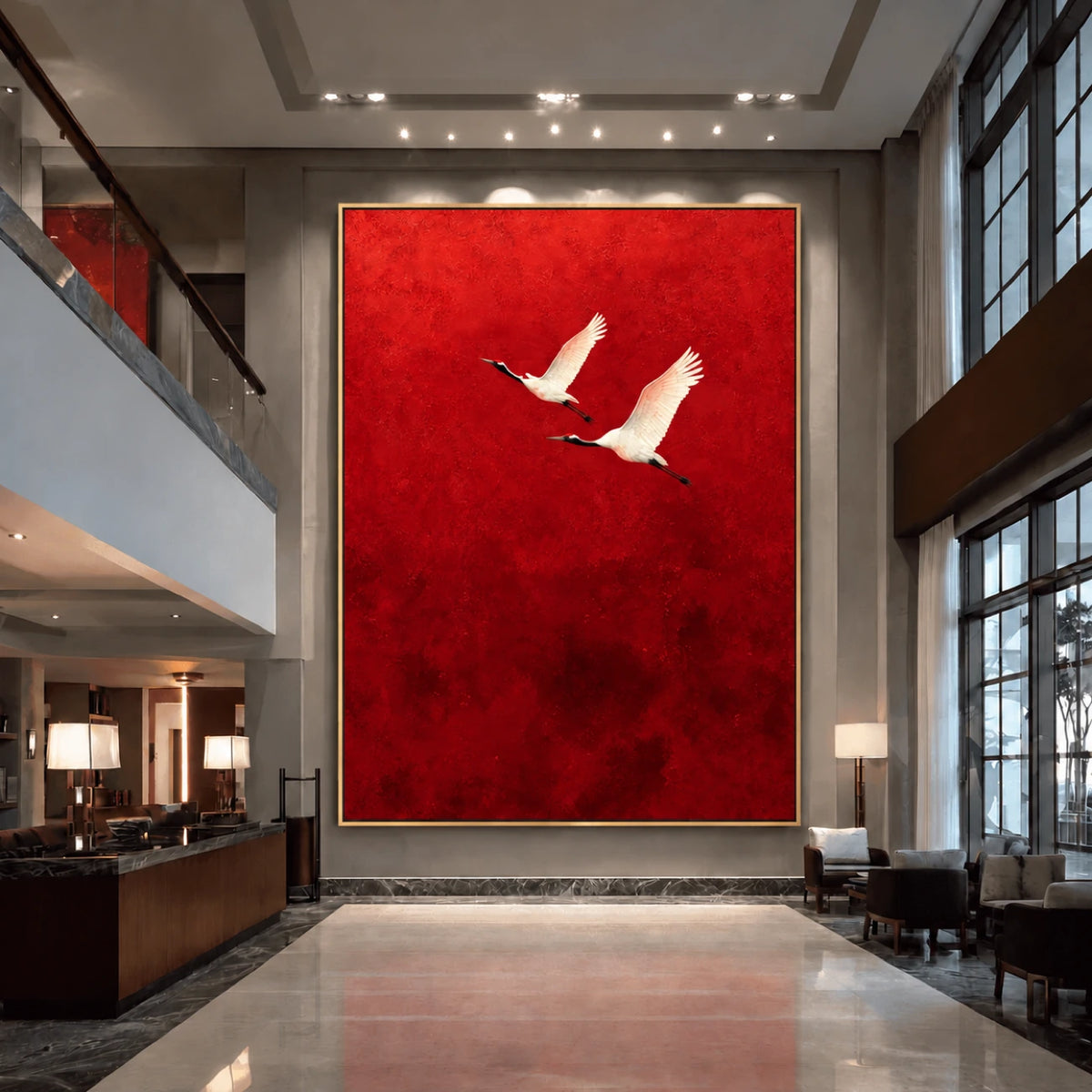 Crimson Flight Wall Art in a slim gold frame displayed above a reception area in a double-height contemporary lobby.