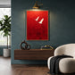 Crimson Flight artwork displayed above a wooden sideboard against a dark green wall.
