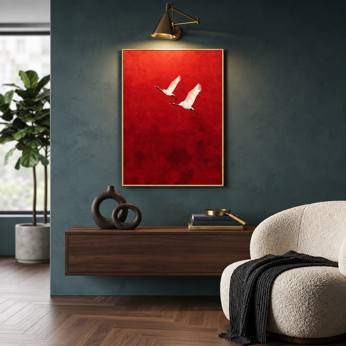 Crimson Flight artwork displayed above a wooden sideboard against a dark green wall.