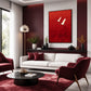 Crimson Flight artwork displayed above white seating with burgundy accents.