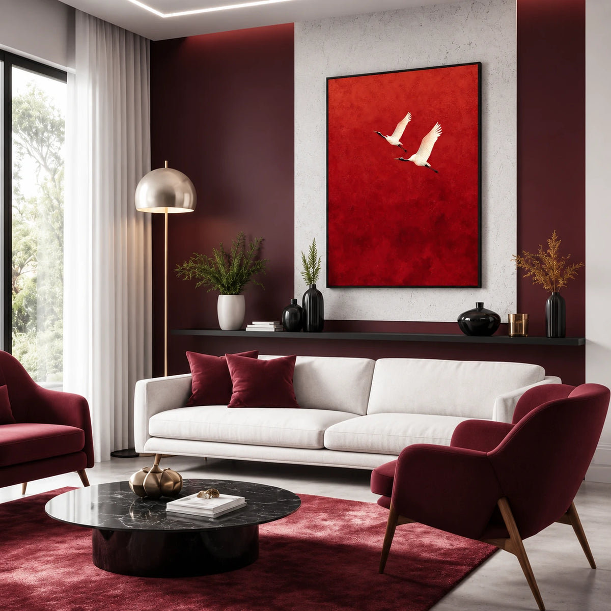 Crimson Flight artwork displayed above white seating with burgundy accents.