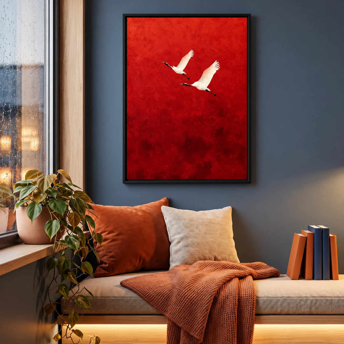 Crimson Flight artwork displayed above an orange sofa against a blue wall.