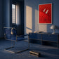 Crimson Flight artwork displayed above a desk in a blue study.