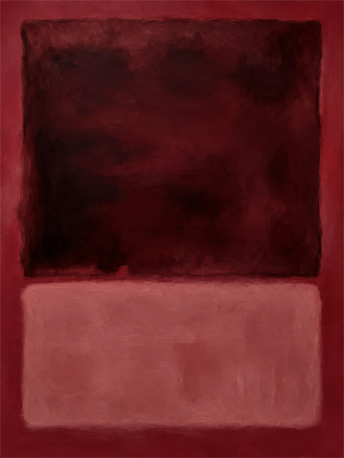 Burgundy Fields full artwork. A deep burgundy field hovers above a softer rose rectangle, both surrounded by a warm red ground.