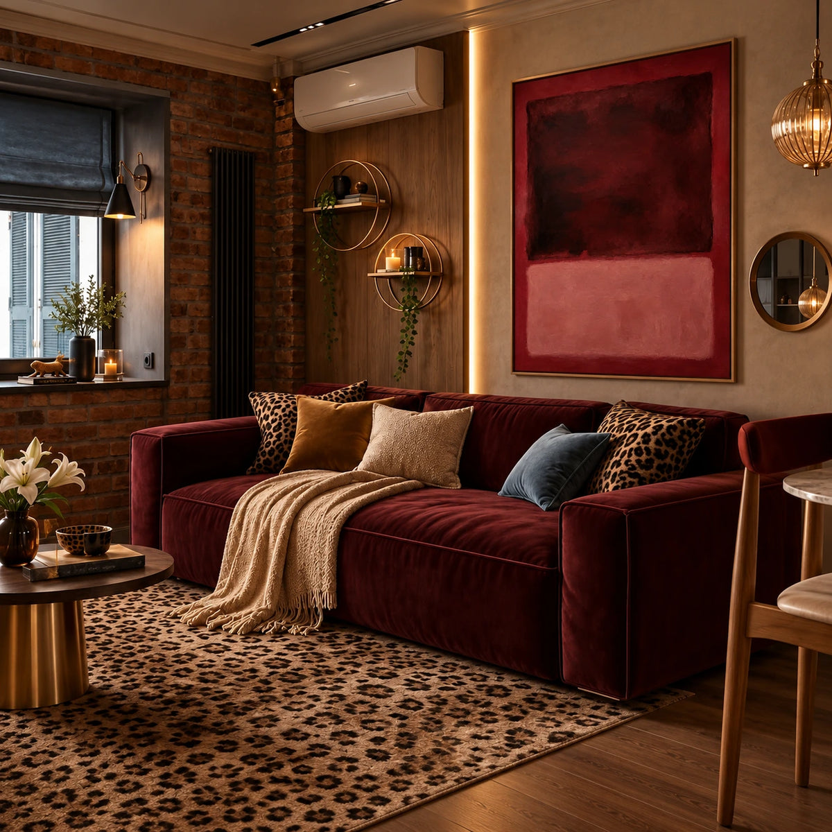 Burgundy Fields artwork displayed above a burgundy sofa in a vintage-style living room.