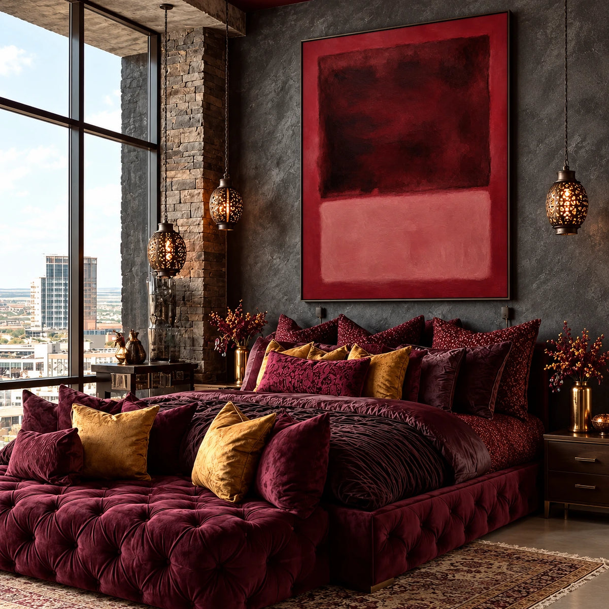 Burgundy Fields artwork displayed above a burgundy bed overlooking the city.