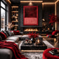 Burgundy Fields artwork displayed above a fireplace in a dark red-accented lounge.