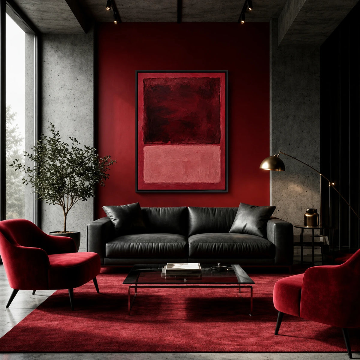 Burgundy Fields artwork displayed above a black sofa against a red wall.