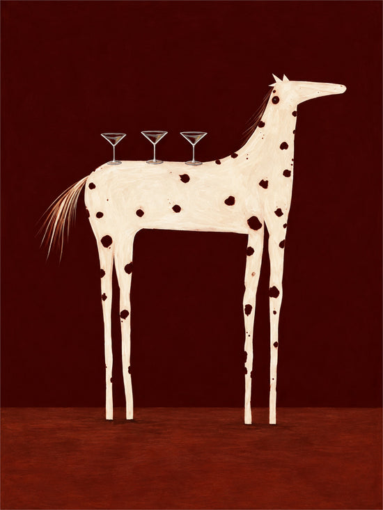 Cocktail Steed full artwork. A slender ivory horse carries three delicate cocktail glasses across its spotted back against a deep red background.