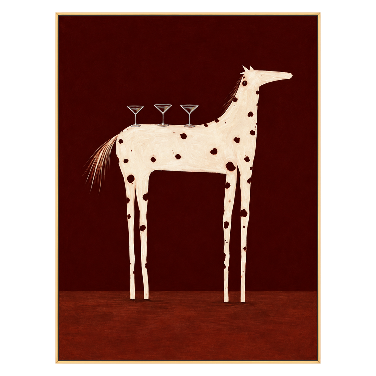 Cocktail Steed Wall Art featuring an ivory horse carrying cocktail glasses against a deep red background, shown in a slim gold frame on a transparent background.