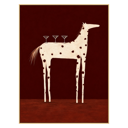 Cocktail Steed Wall Art featuring an ivory horse carrying cocktail glasses against a deep red background, shown in a slim gold frame on a transparent background.