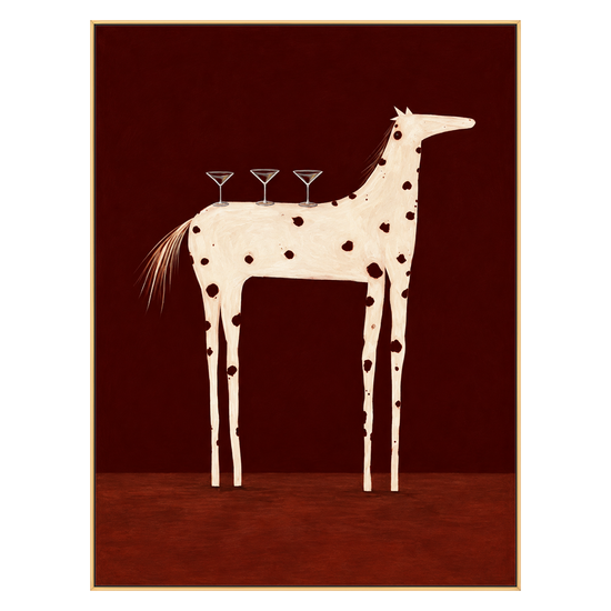 Cocktail Steed Wall Art featuring an ivory horse carrying cocktail glasses against a deep red background, shown in a slim gold frame on a transparent background.