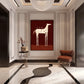 Cocktail Steed artwork displayed on a paneled foyer wall beside a rust chair.