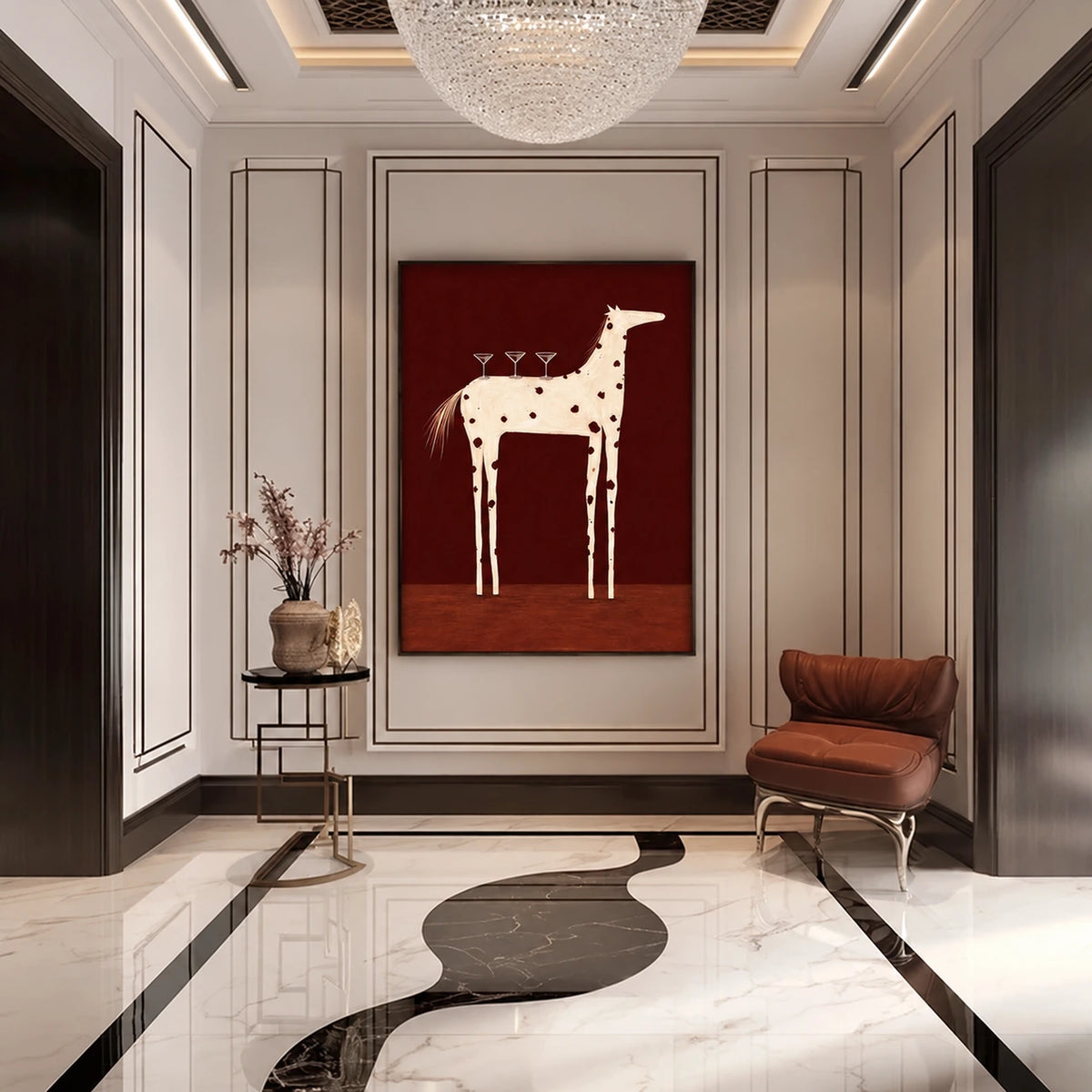 Cocktail Steed artwork displayed on a paneled foyer wall beside a rust chair.