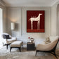 Cocktail Steed artwork displayed above curved seating in a pale living room.
