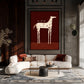 Cocktail Steed artwork displayed above a white sofa in a dark paneled lounge.
