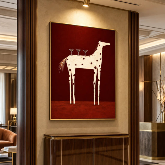 Cocktail Steed Wall Art displayed above a dark wood console in a warmly lit elegant interior.