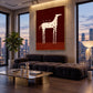Cocktail Steed Wall Art displayed above a dark curved sofa with city views through tall windows.