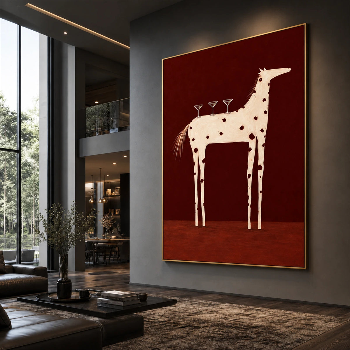 Cocktail Steed Wall Art displayed above a low black console in a contemporary living room with tall windows.