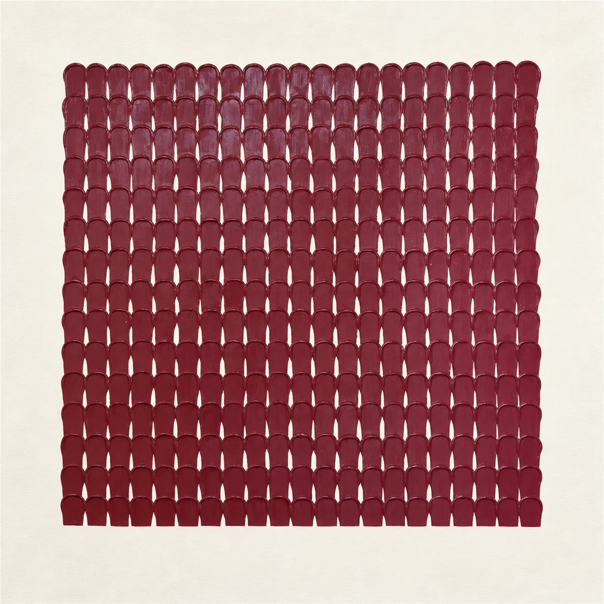 Burgundy Rhythm full artwork. Rows of small burgundy forms repeat within a broad ivory field, creating a precise grid with subtle variations in texture.