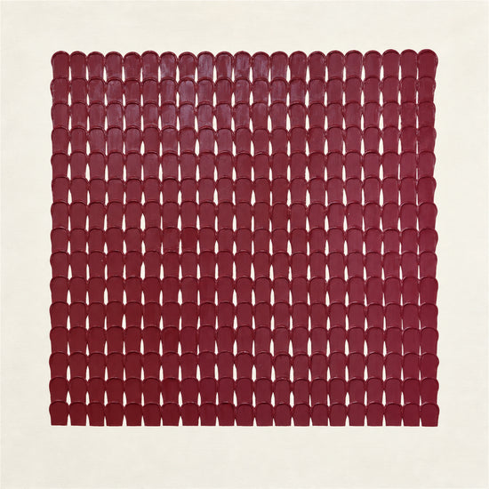 Burgundy Rhythm full artwork. Rows of small burgundy forms repeat within a broad ivory field, creating a precise grid with subtle variations in texture.