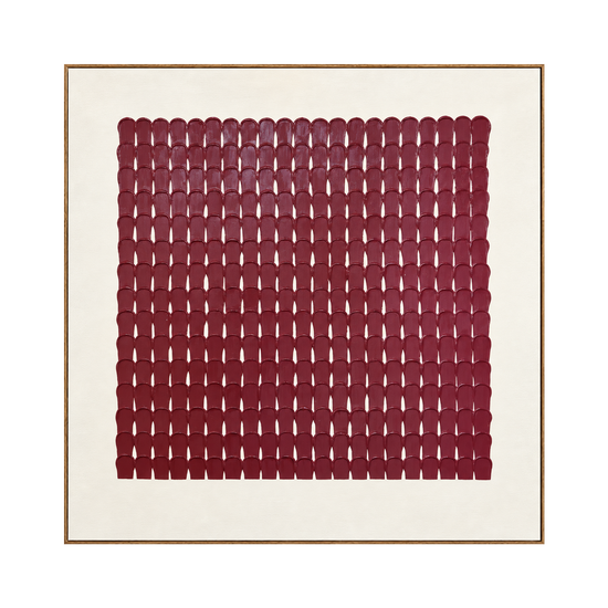 Burgundy Rhythm artwork in a natural wood frame on a transparent background.