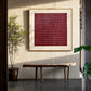 Burgundy Rhythm artwork displayed above a wooden bench beside an indoor tree.