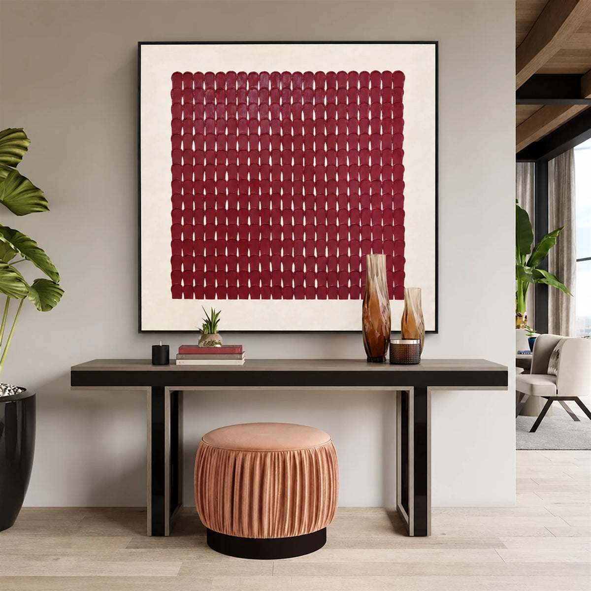 Burgundy Rhythm artwork displayed above a slim console and ribbed ottoman.