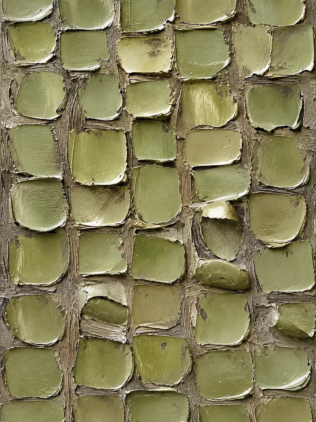 Olive Tessera full artwork. Rounded olive tiles form an irregular patchwork across a dark, textured ground.
