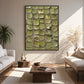 Olive Tessera artwork displayed above neutral seating in warm sunlight.