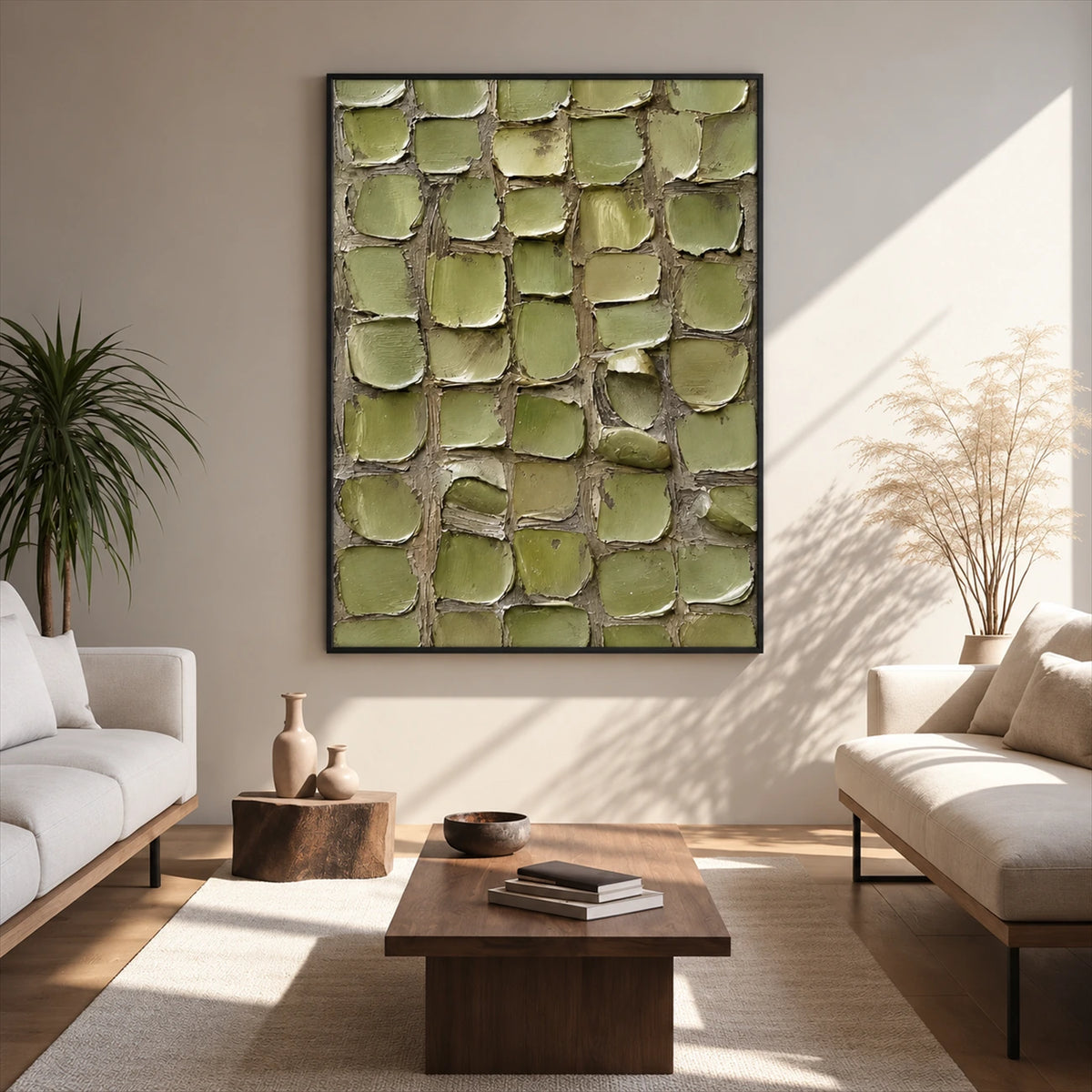 Olive Tessera artwork displayed above neutral seating in warm sunlight.