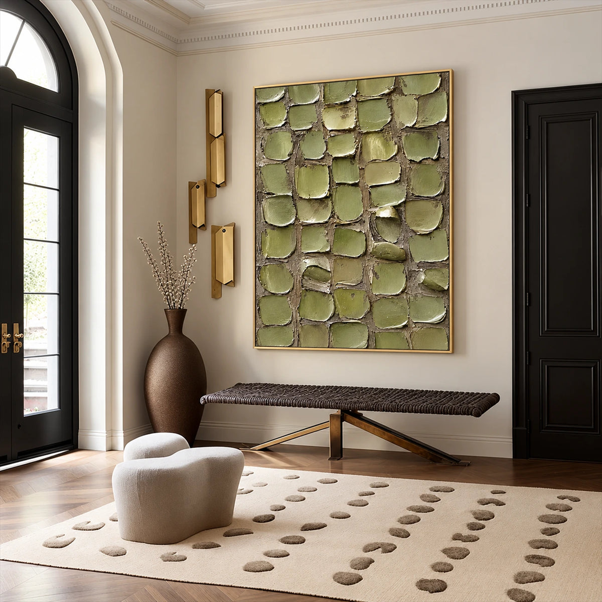Olive Tessera artwork displayed above a wooden bench beside tall windows.