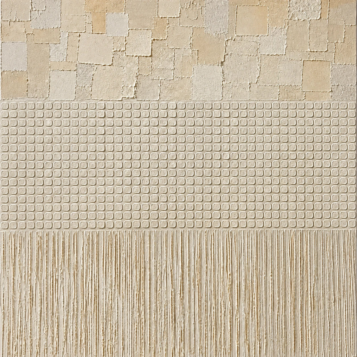 Linen Cadence full artwork. Bands of irregular cream blocks, a fine grid, and trailing vertical lines divide a pale square field.