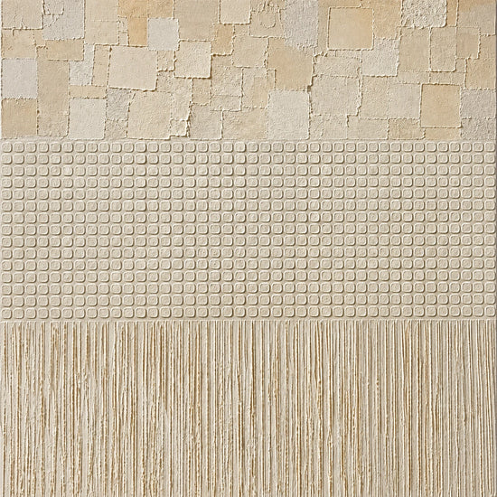 Linen Cadence full artwork. Bands of irregular cream blocks, a fine grid, and trailing vertical lines divide a pale square field.