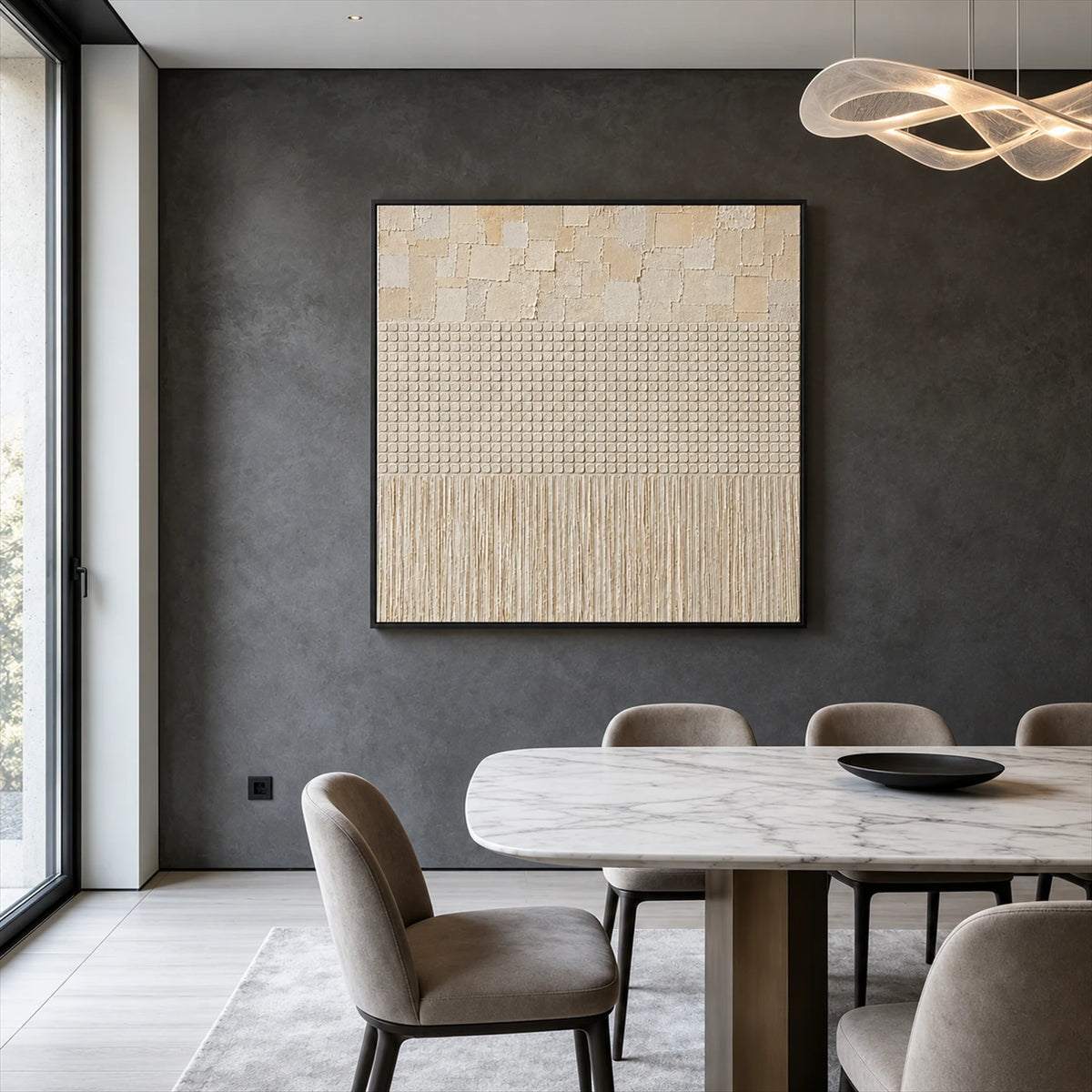 Linen Cadence artwork displayed above a dining table against a charcoal wall.