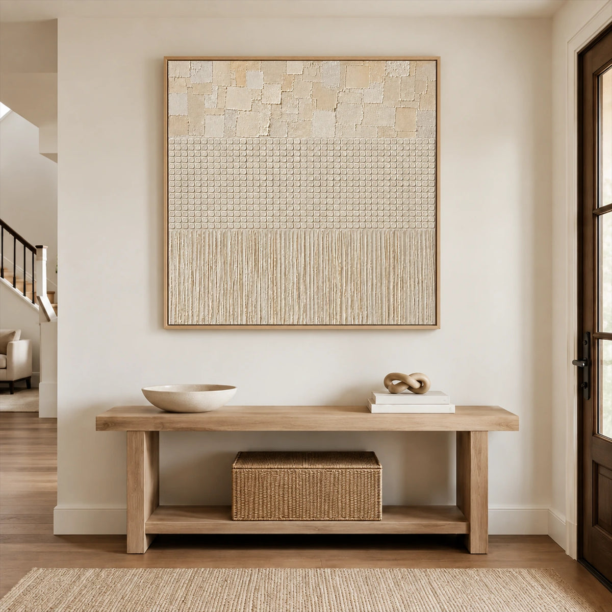 Linen Cadence artwork displayed above a wooden entryway bench.