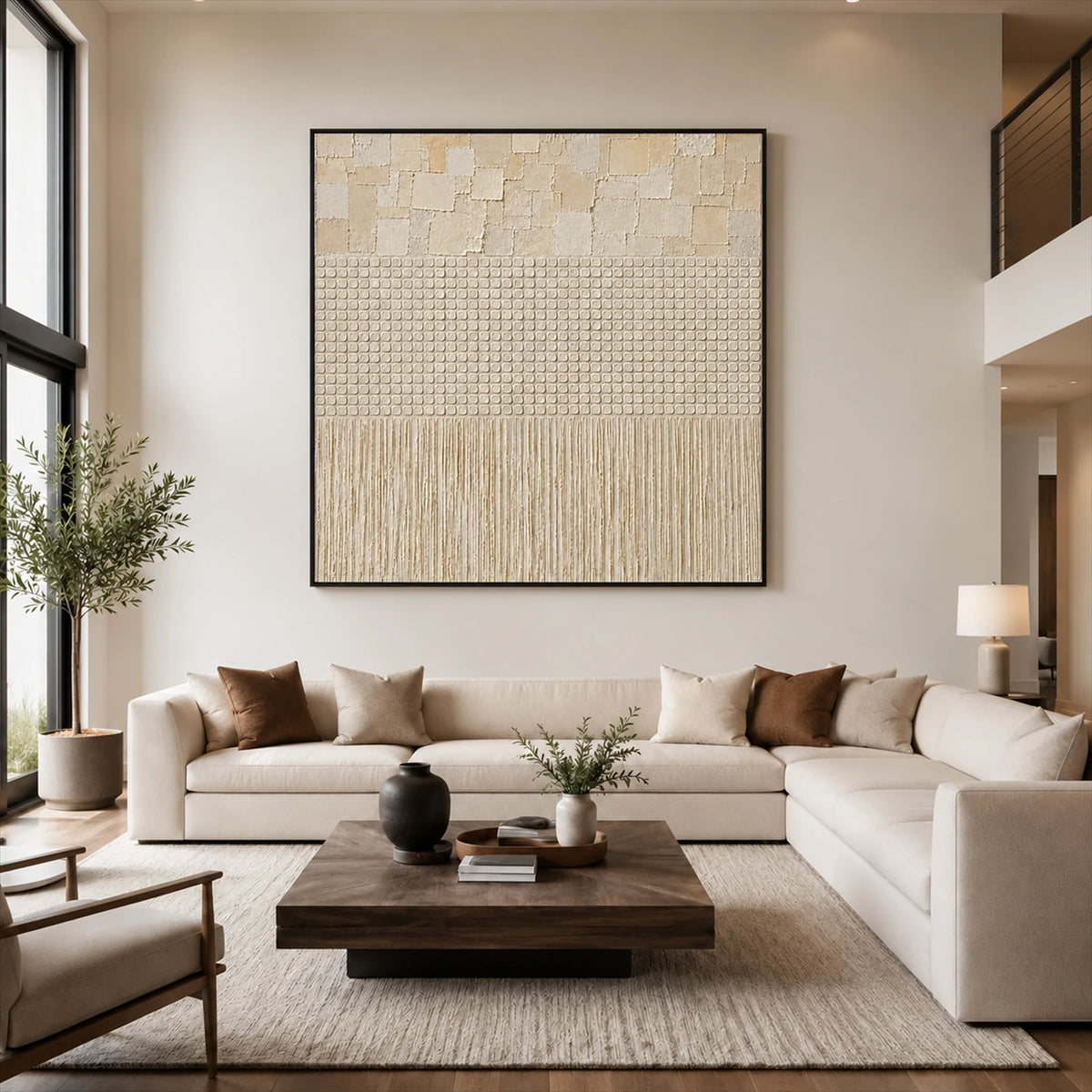 Linen Cadence artwork displayed above a cream sofa beside tall windows.