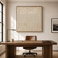 Linen Cadence artwork displayed above a wooden desk in a sunlit study.