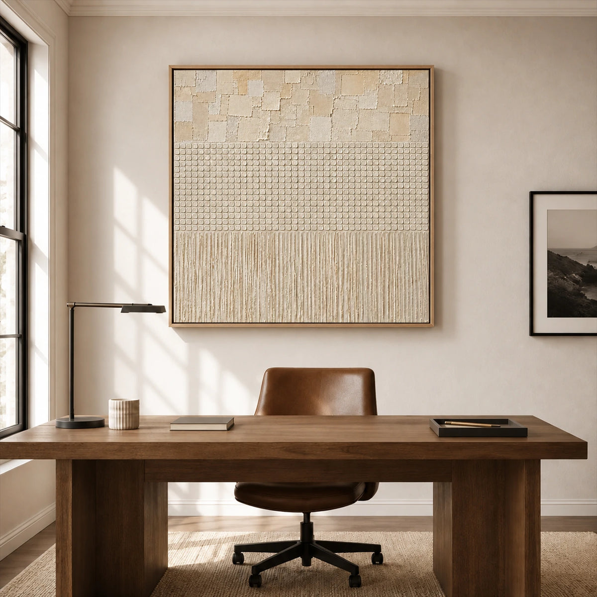 Linen Cadence artwork displayed above a wooden desk in a sunlit study.