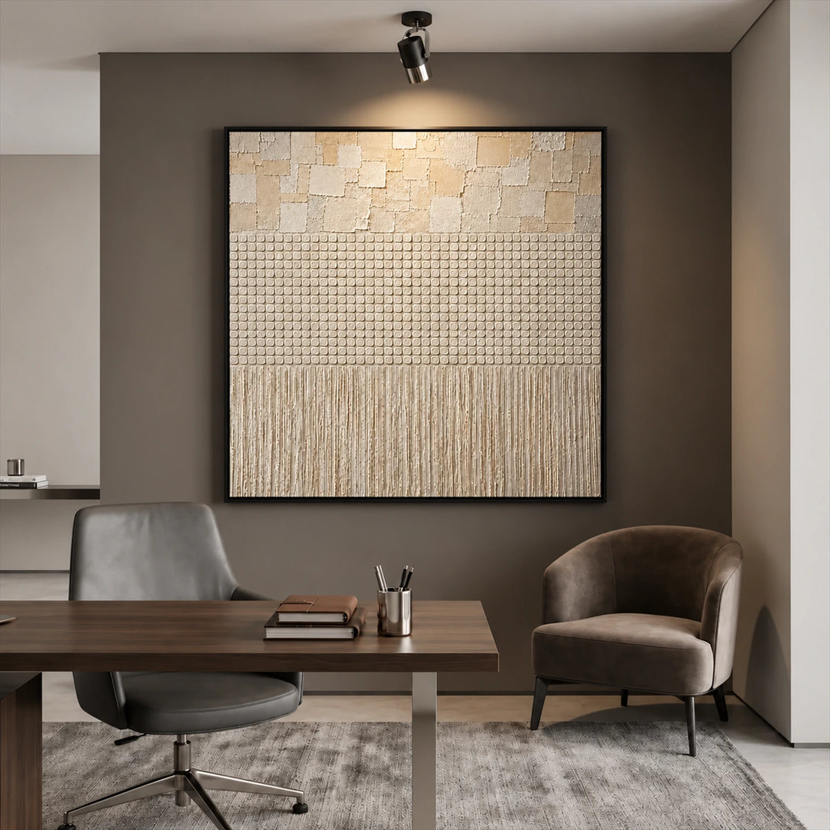 Linen Cadence artwork displayed above a desk beside a lounge chair.