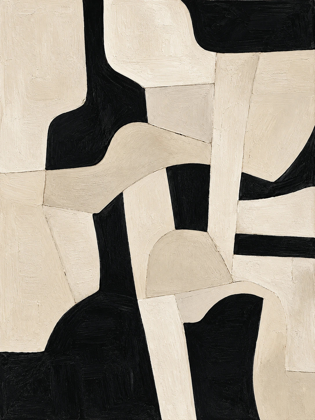 Ivory Interlock full artwork. Broad ivory shapes interlock across a deep black field, creating angular passages and softly curved edges.