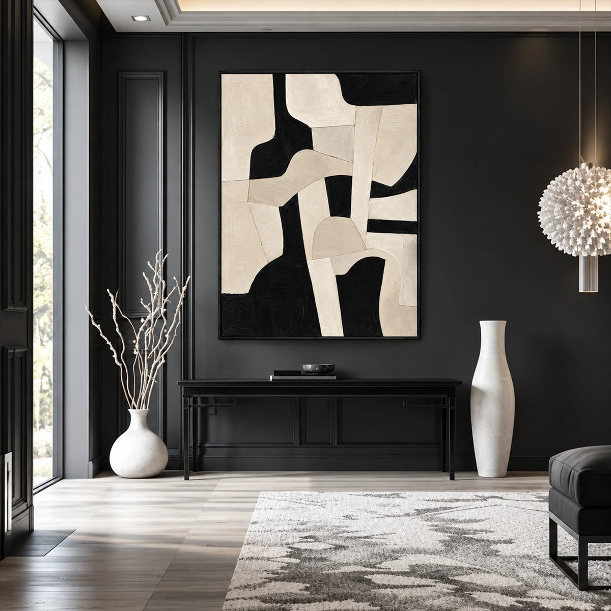 Ivory Interlock artwork displayed above a console against a charcoal wall.