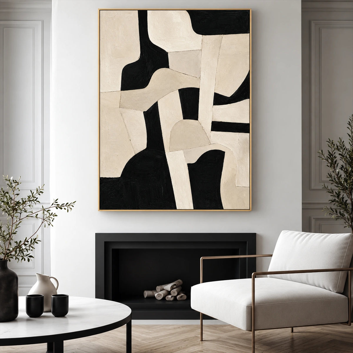 Ivory Interlock artwork displayed above a fireplace in a bright living room.