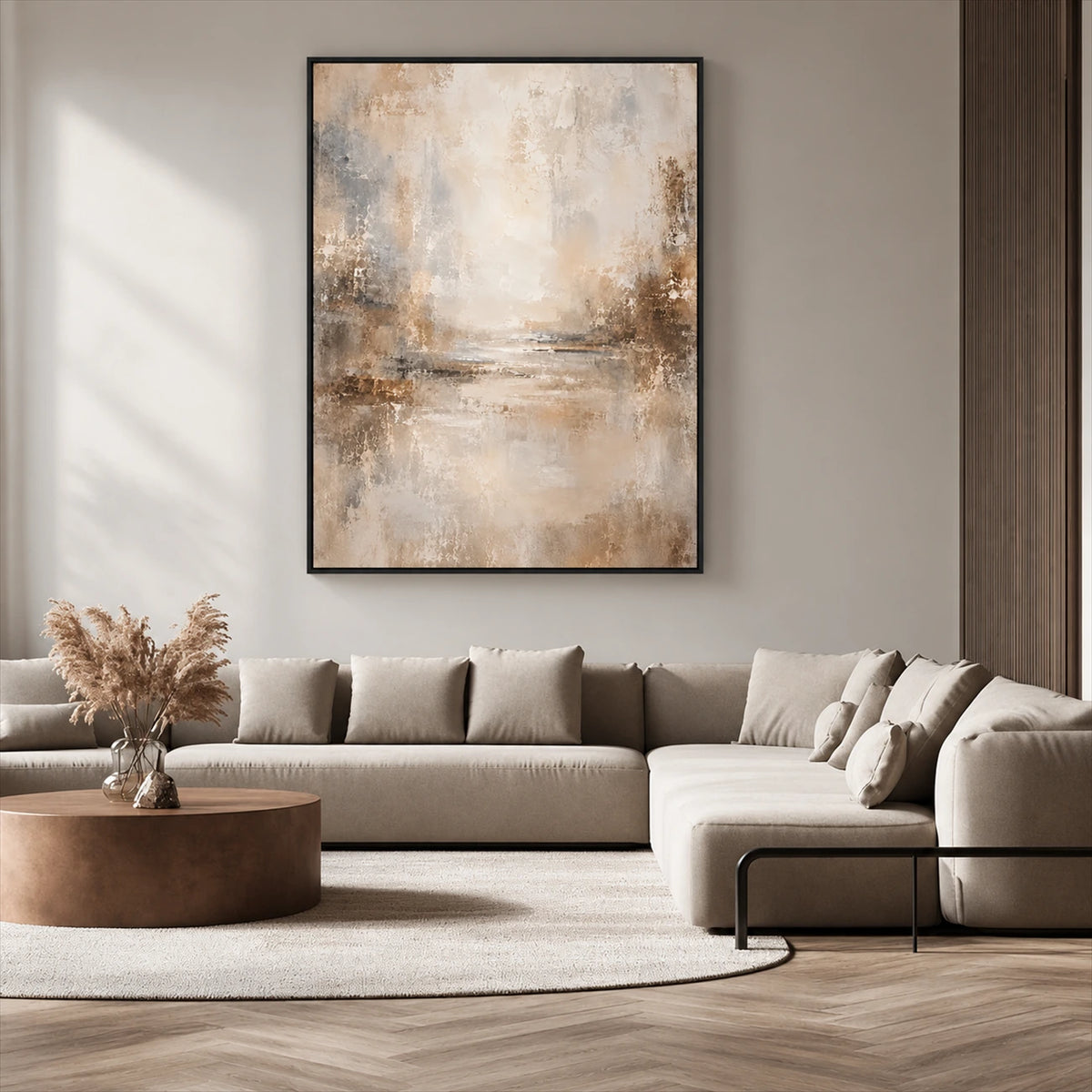 Gilded Haze artwork displayed above a pale sectional sofa.